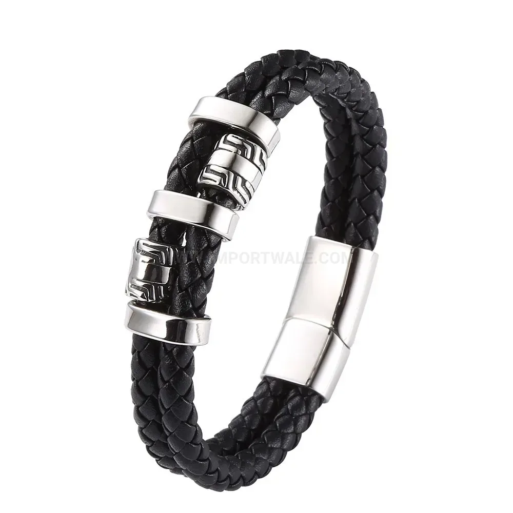 Multi Layer Braided Leather Stainless Steel Bracelet