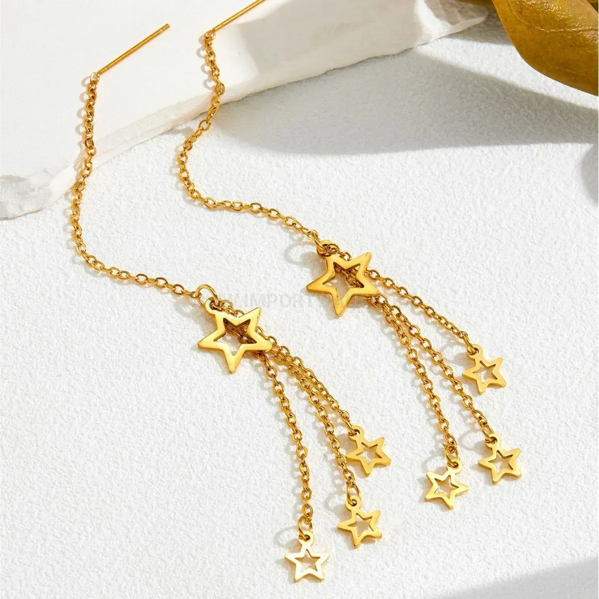 Star Tassel Threader Earrings in 18K Gold Plated Titanium Steel