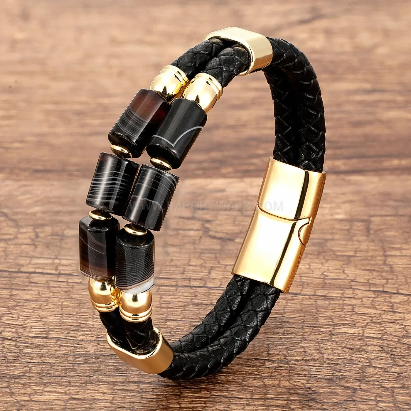Woven Leather Stone Cuff Bracelet with Stainless Steel
