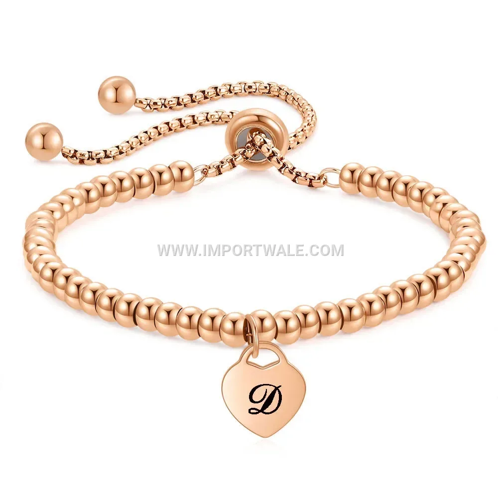 Rose Gold Stainless Steel Bead Initial Charm Bracelet