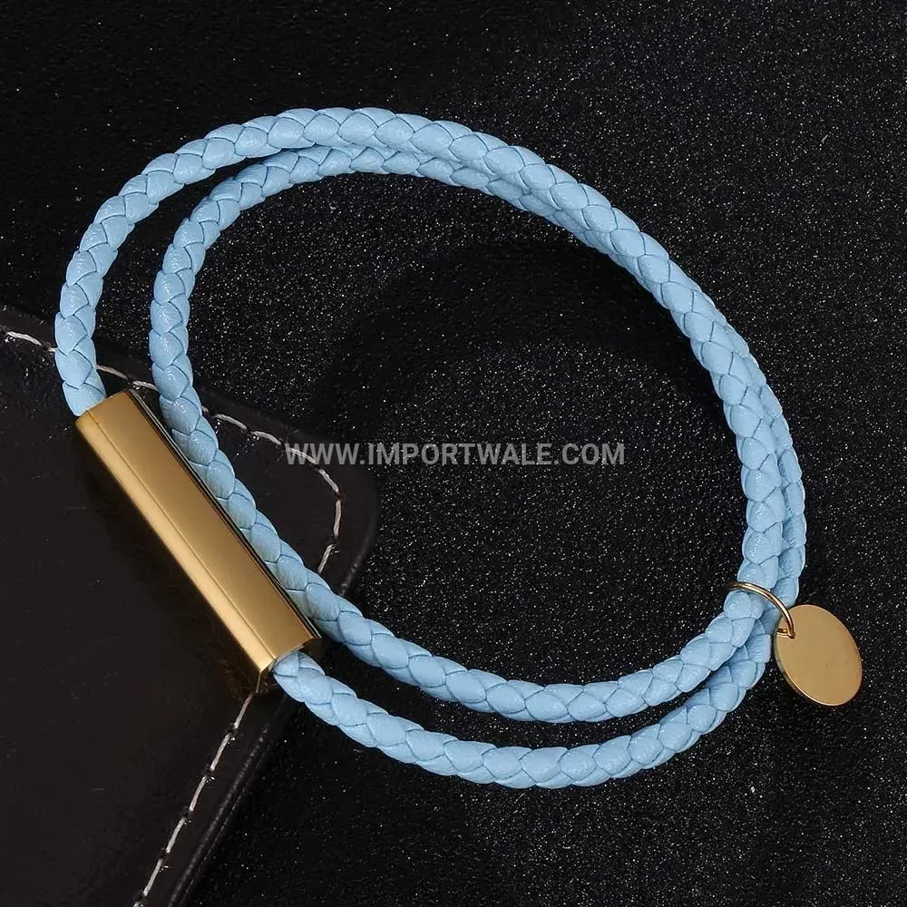Layered Leatherette Stainless Steel Tag Bracelet