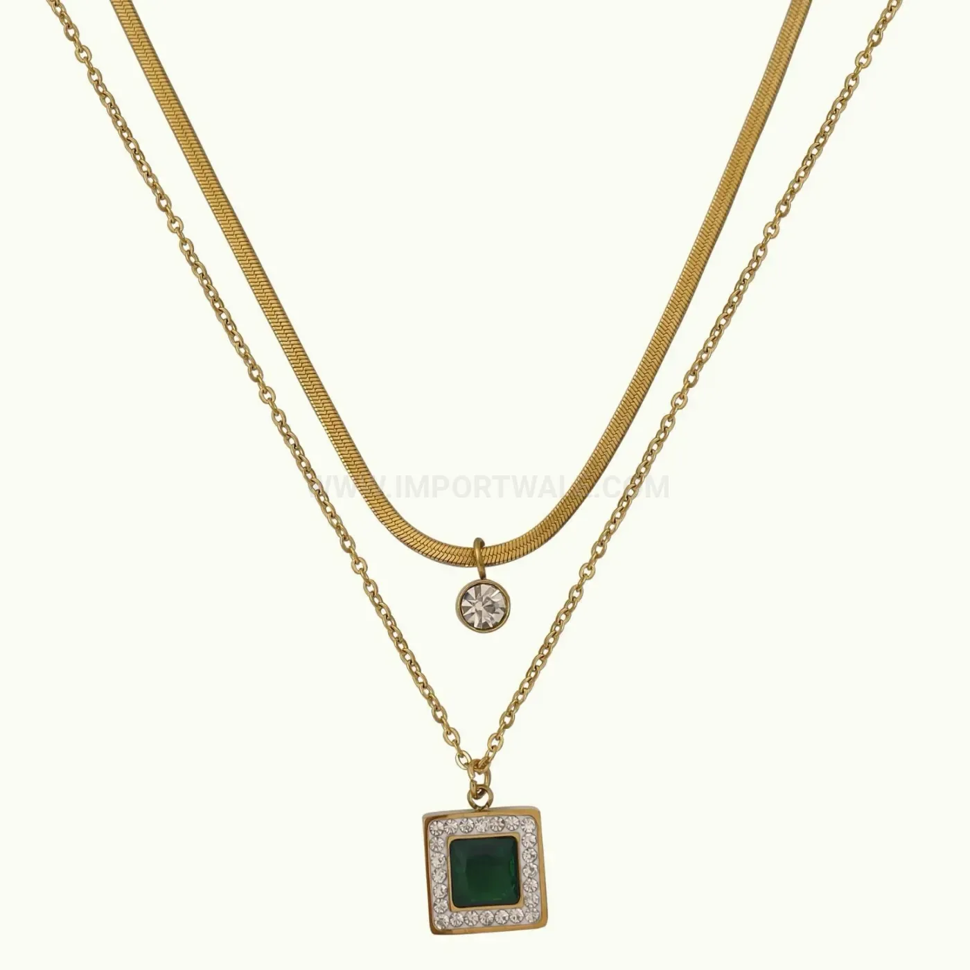 Layered Titanium Steel Green Stone Geometric Pendant Necklace