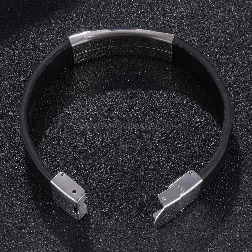 Customizable Black Leather Stainless Steel Geometric Bracelet