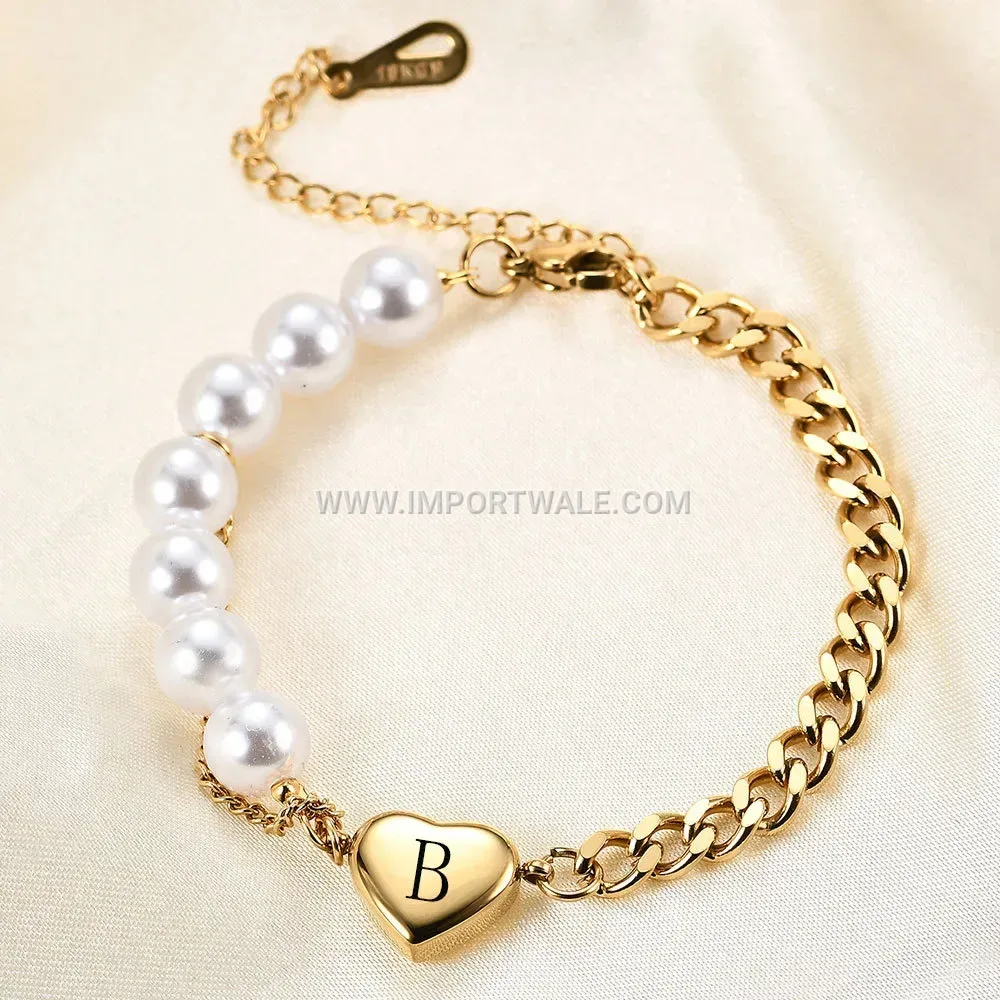Stainless Steel Cuban Link Imitation Pearl Heart Initial Bracelet