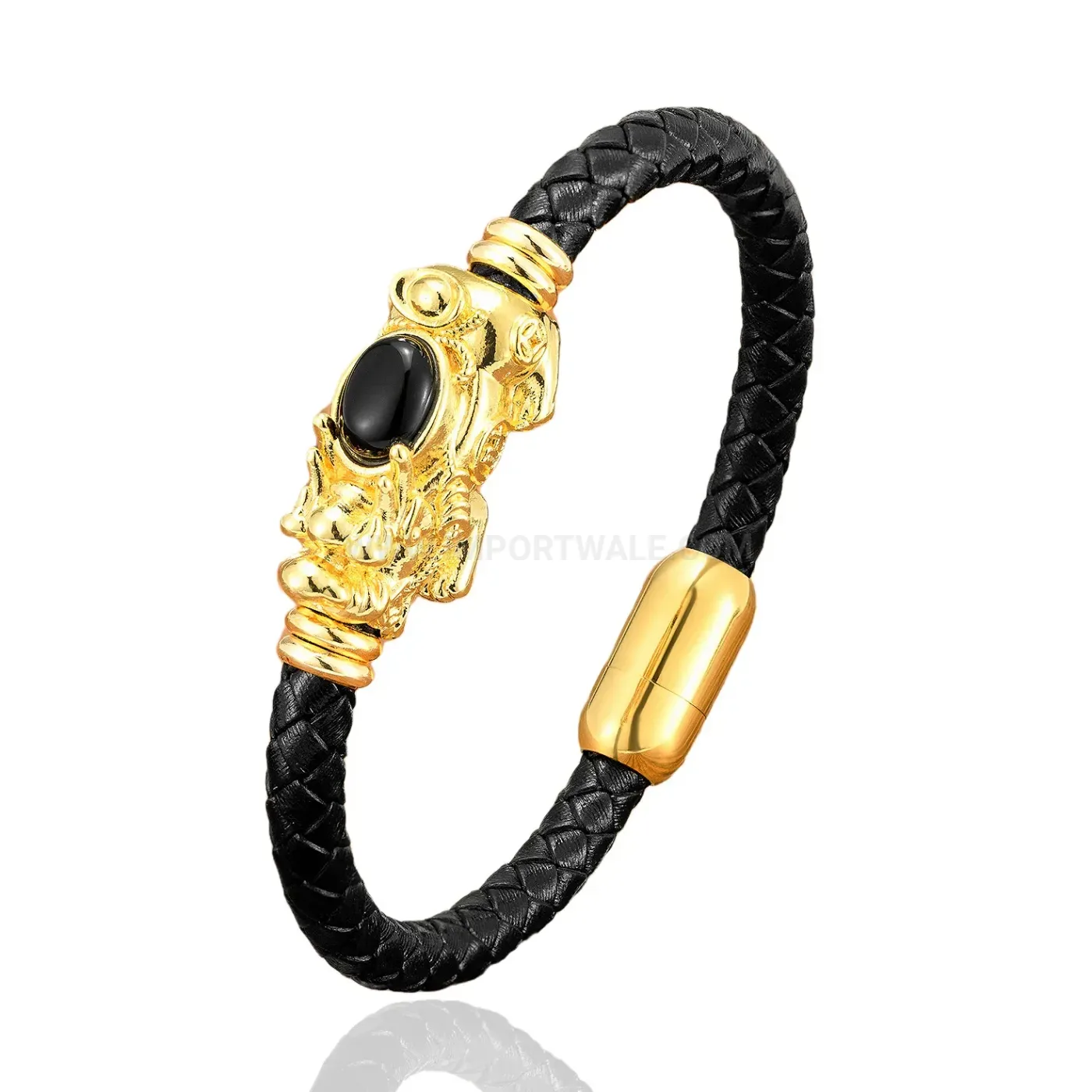 Retro Pixiu Leather and Natural Stone Bracelet with Stainless Steel Clasp