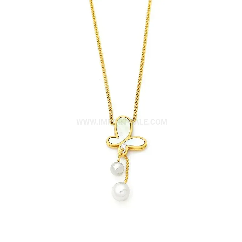 Fashion Gold Stainless Steel Butterfly and Pearl Tassel Pendant Necklace
