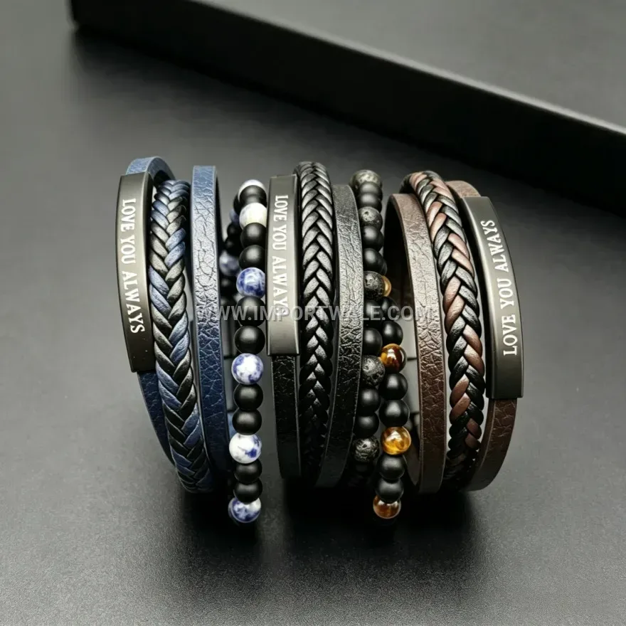 Multi-Strand Leather And Natural Stone Beads Wristband With Magnetic Clasp