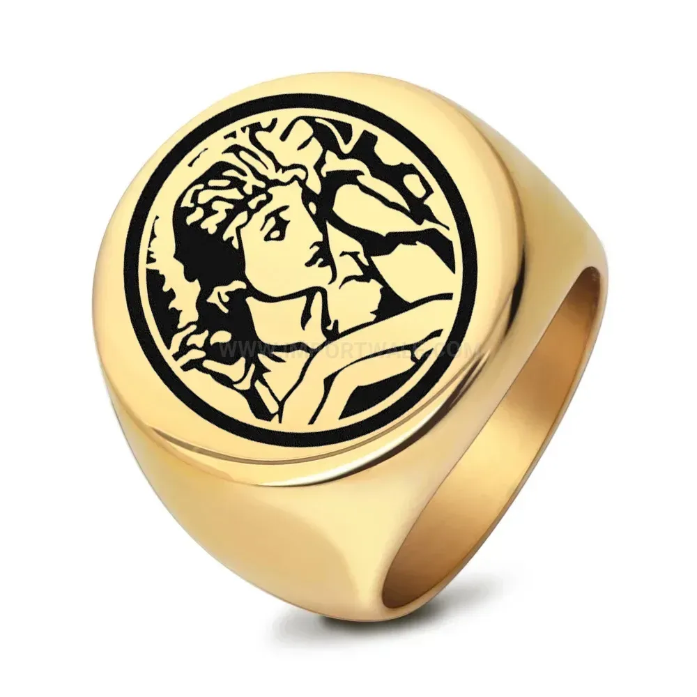 Premium Laser Etched Character Stainless Steel Round Signet Ring