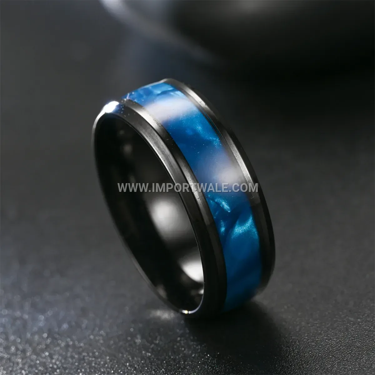 Iridescent Blue Shell Inlay Stainless Steel Ring