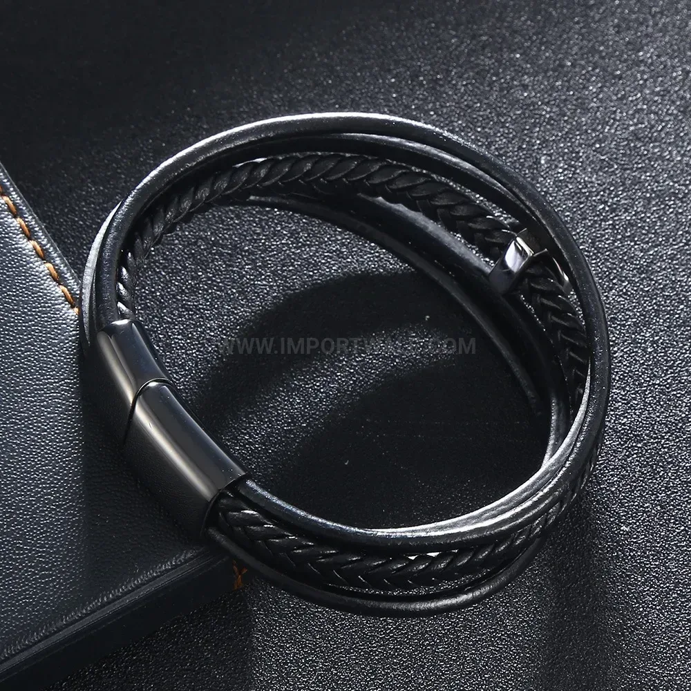 Punk Skull Black Leather Wristband with Stainless Steel Magnetic Clasp