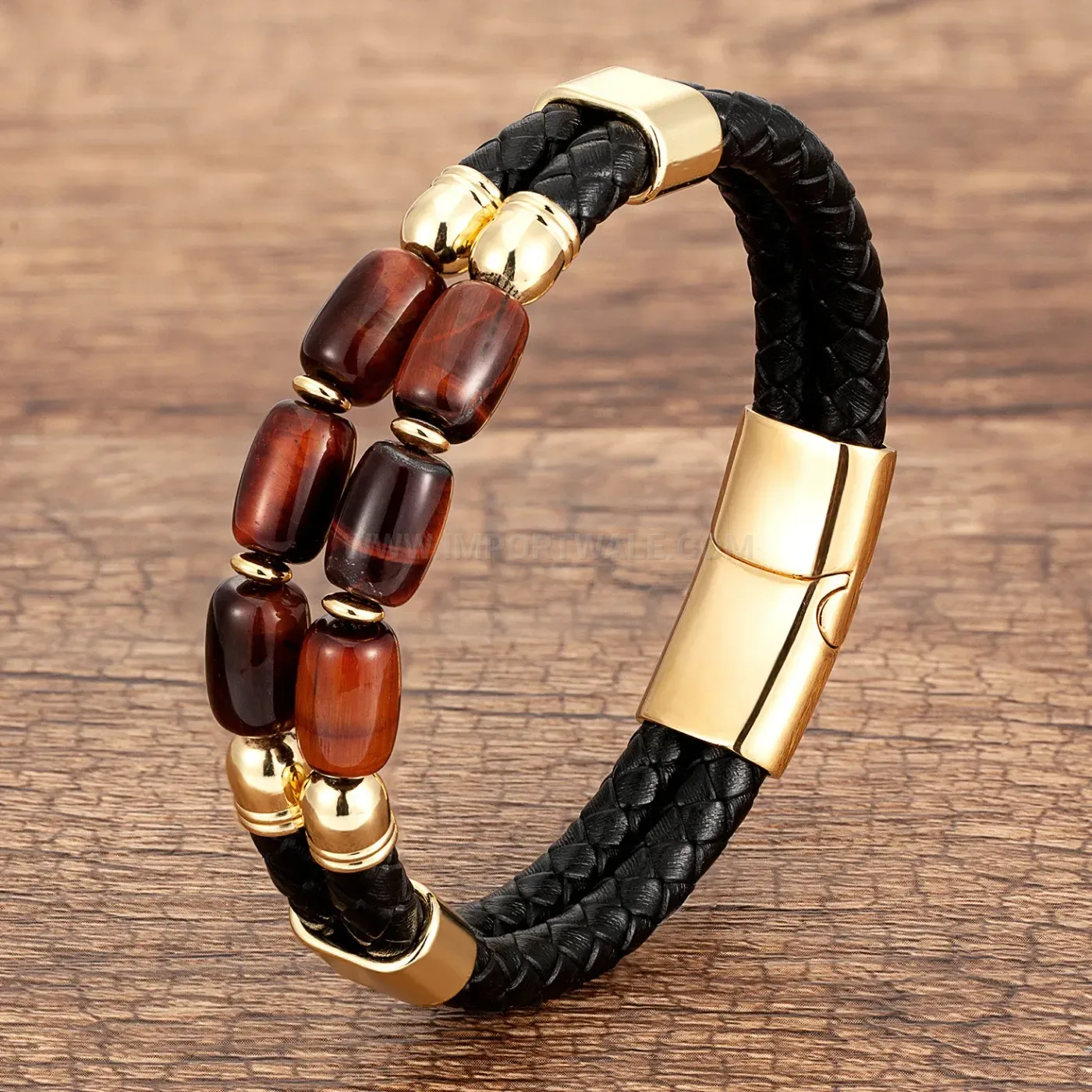 Double Layer Woven Leather and Stone Men Bracelet