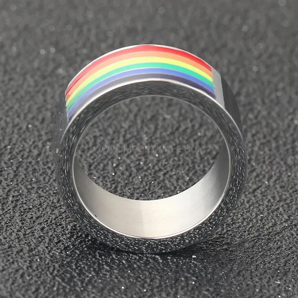 Modern Vibrant Rainbow Epoxy Stainless Steel Wide Band Ring