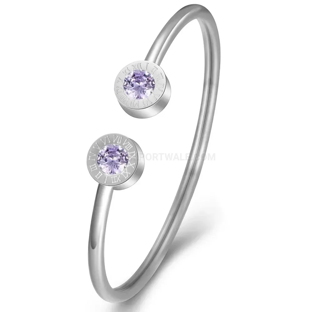 Modern Roman Numeral Stainless Steel Birthstone Cuff Bangle