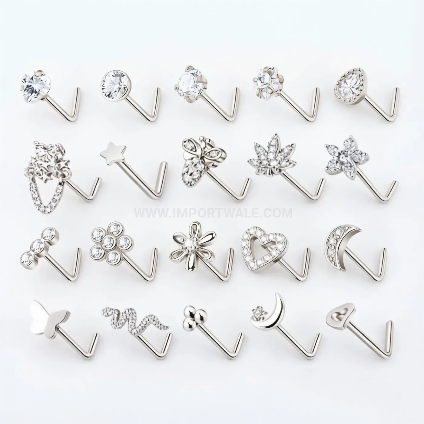 Classic Stainless Steel L-Shaped Sparkling Crystal Nose Piercing Set