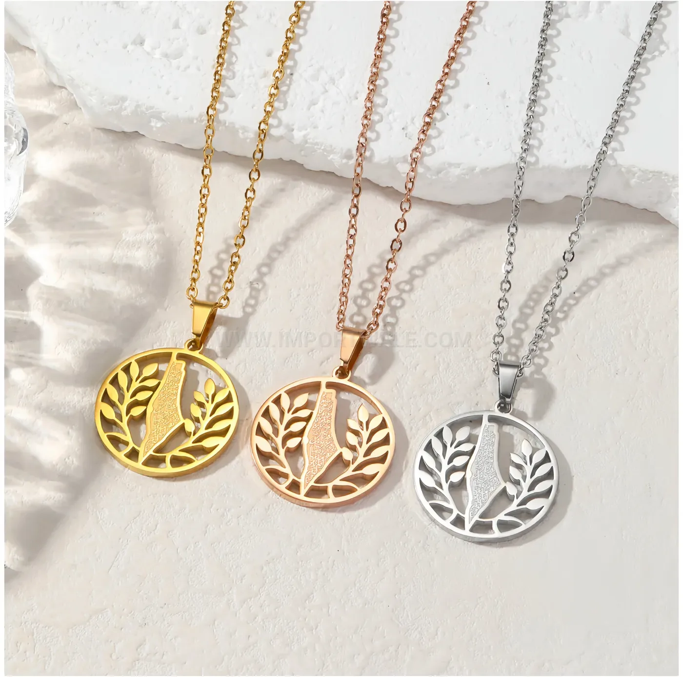 Designer Stainless Steel Palestine Map and Olive Branch Pendant Necklace