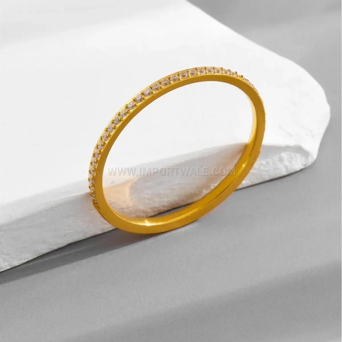 Gold Titanium Steel Half Eternity Rhinestone Pave Band Ring