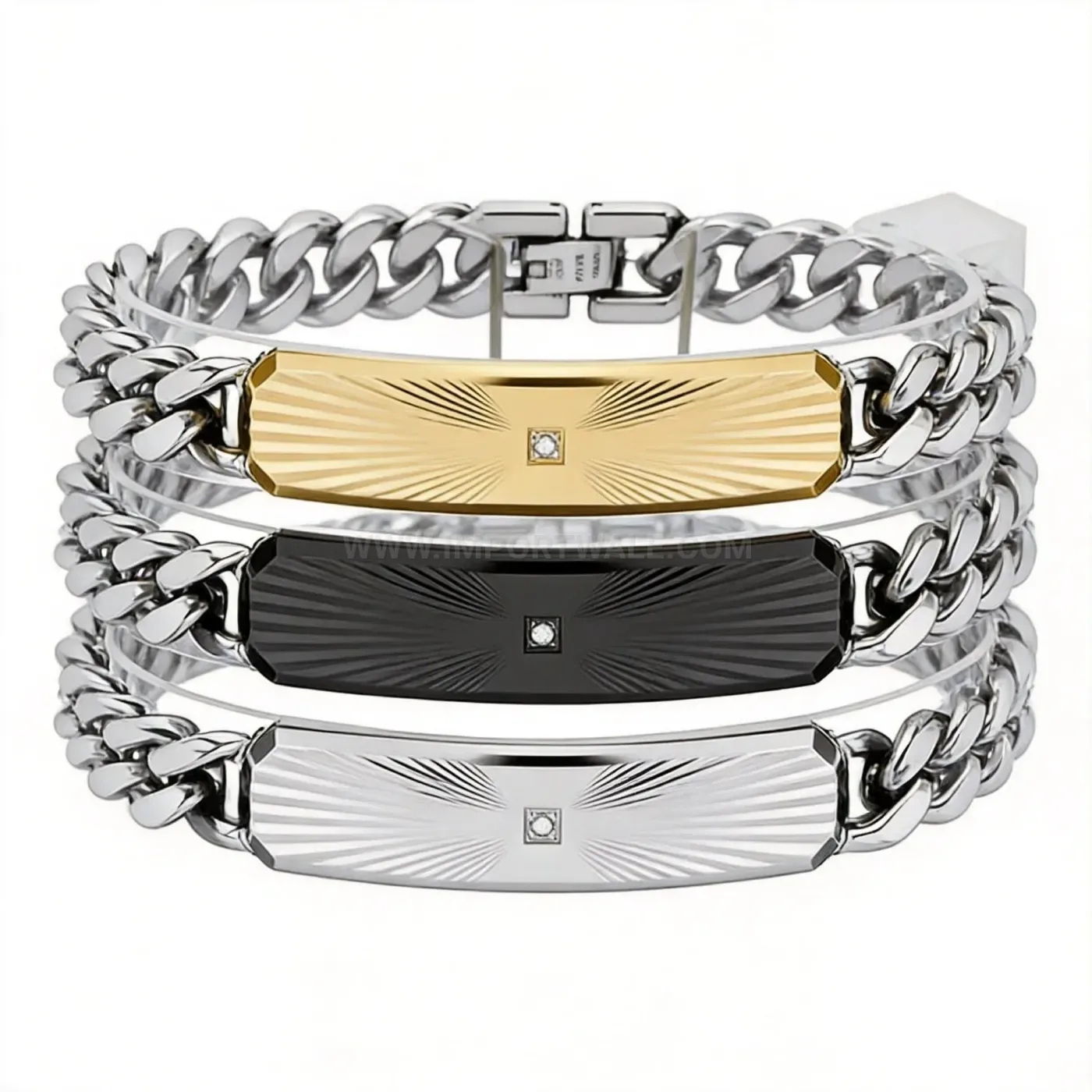 Cuban Link Stainless Steel Rhinestone Beveled Plate Bracelet