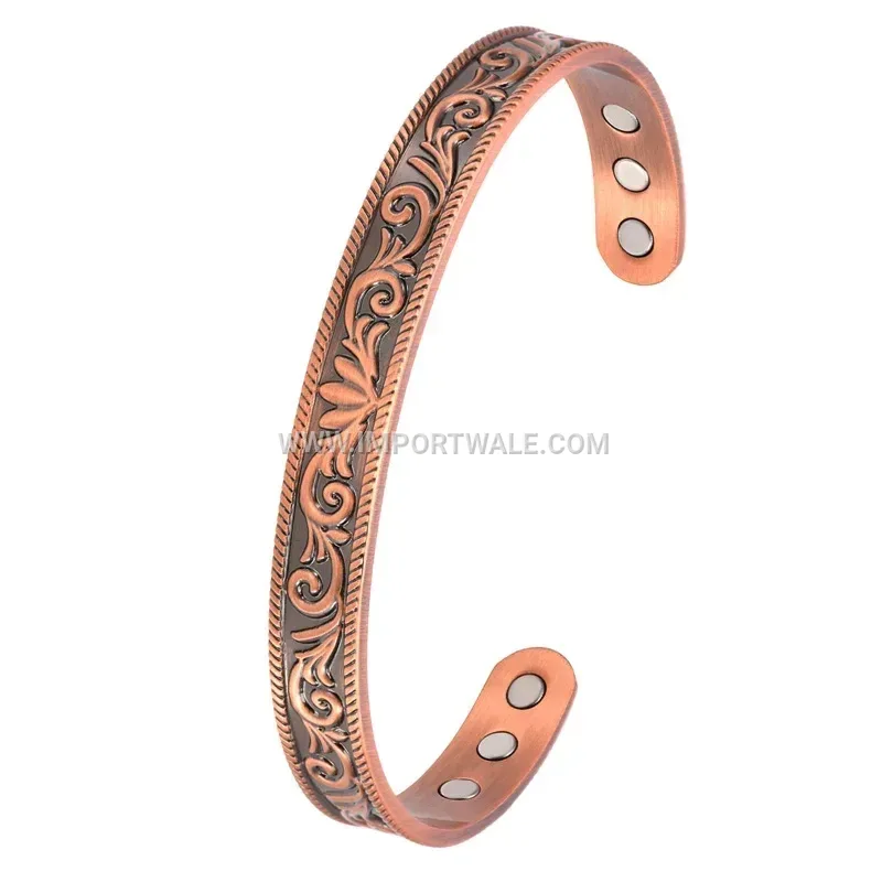 Retro Pure Red Copper Vine Textured Adjustable Magnetic Cuff Bracelet