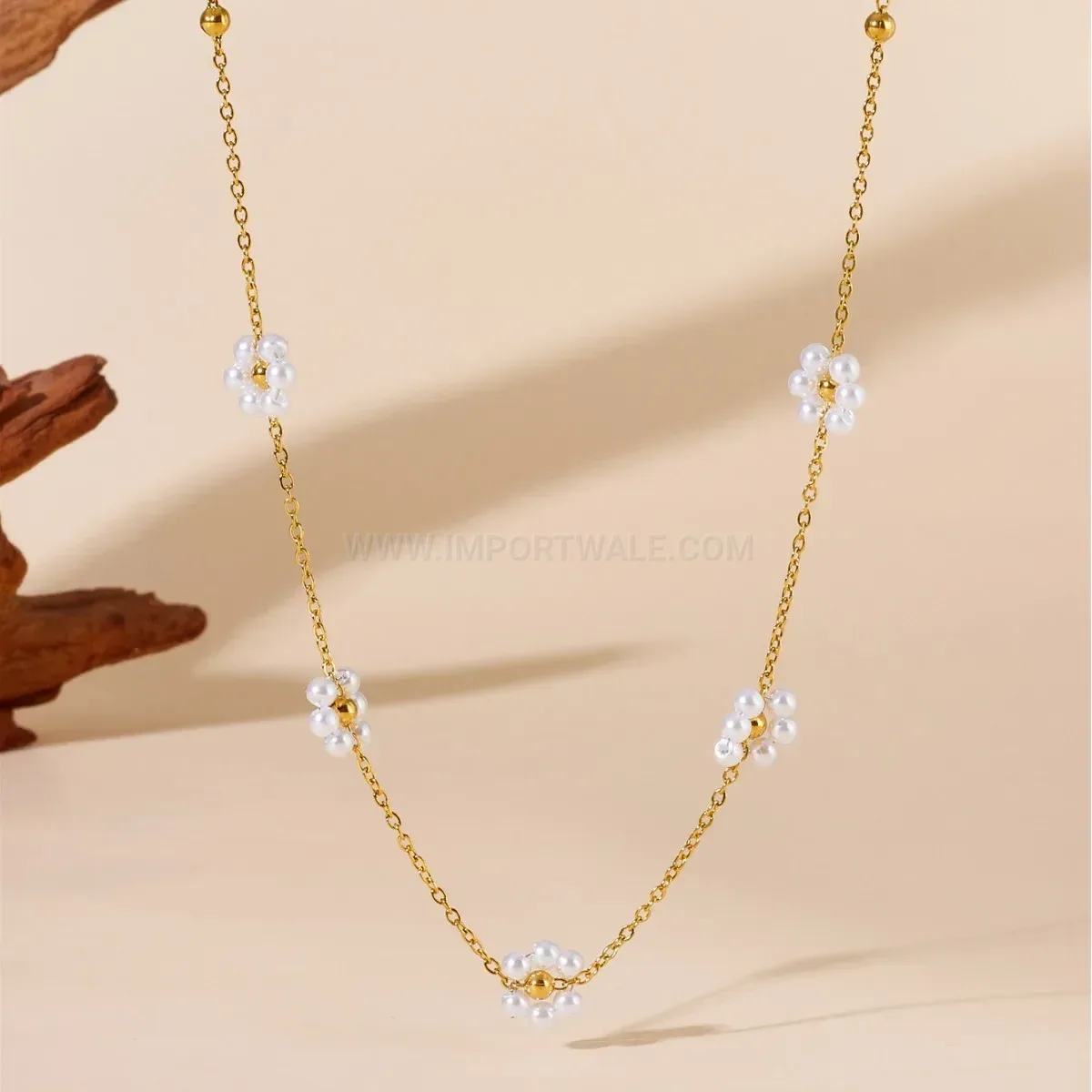 Classic Titanium Steel Floral Pearl Pendant Snake Chain Jewelry Set