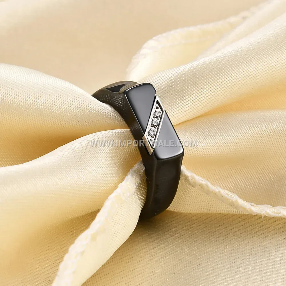 Beveled Edge Cubic Zirconia Accent Ceramic Couple Ring