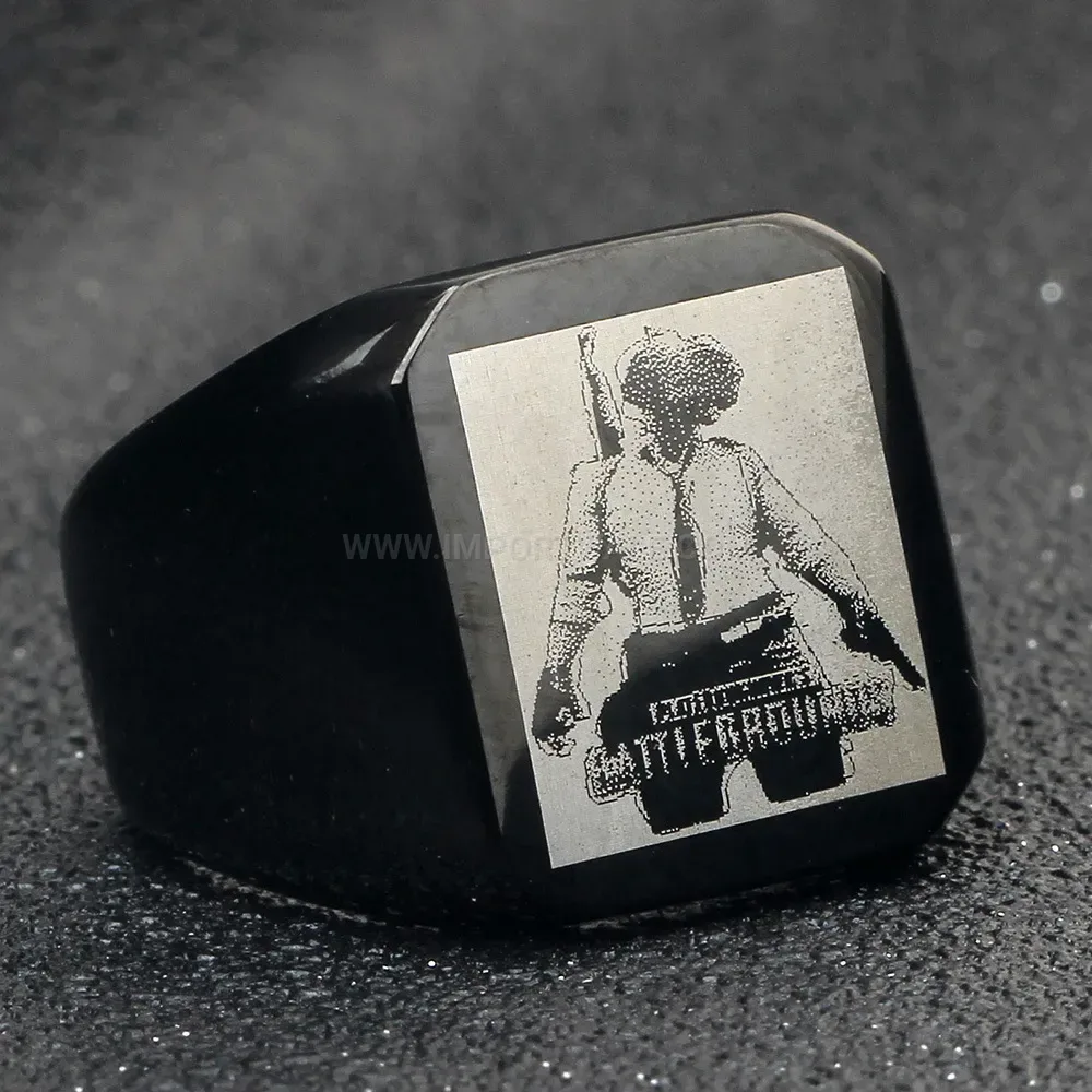 Modern Engraved Square Signet Ring in Black Stainless Steel