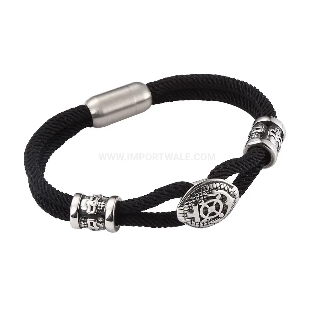Men Dual-Layer Braided Leather and Stainless Steel Bracelet