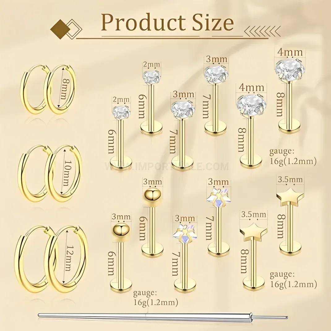 Fashion Minimalist Titanium Steel Star Zirconia Flat Back Piercing Stud Set