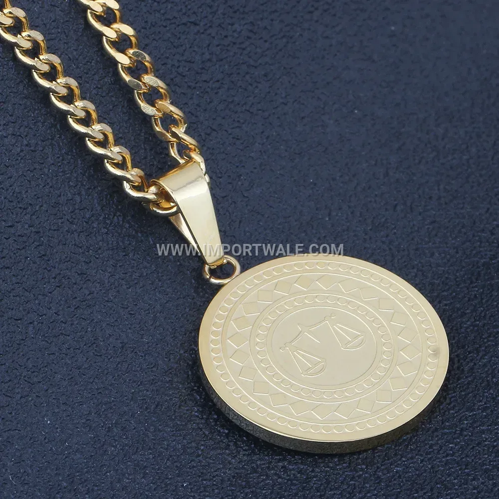 Gold Plated Stainless Steel Round Libra Zodiac Pendant Necklace
