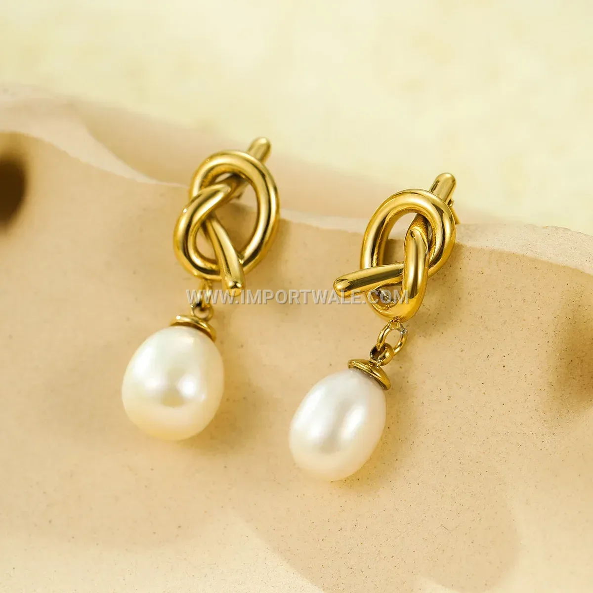 Gold Plated Stainless Steel Knotted Stud Earrings with Natural Stone