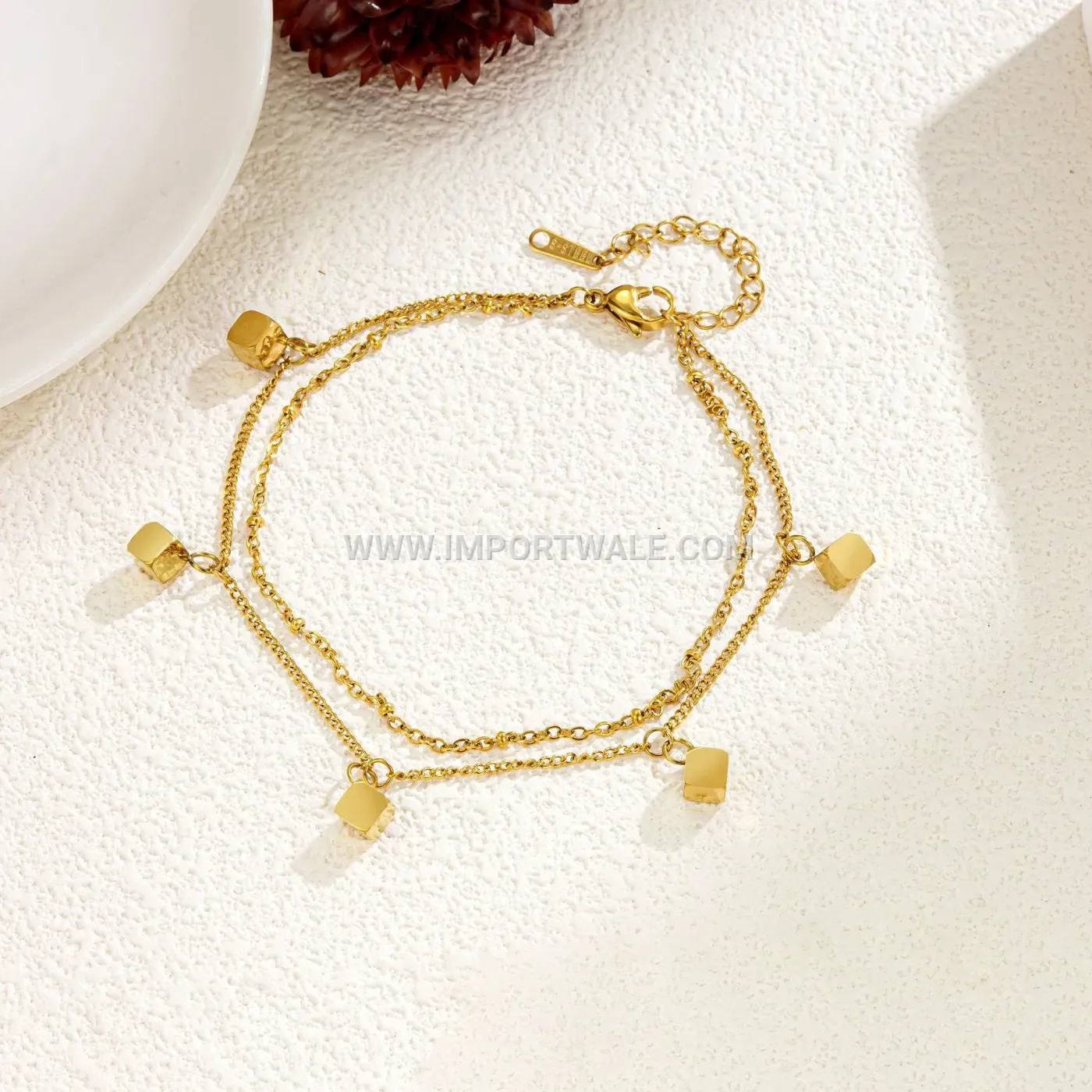 Double Layer Geometric Cube Stainless Steel Anklet Gold