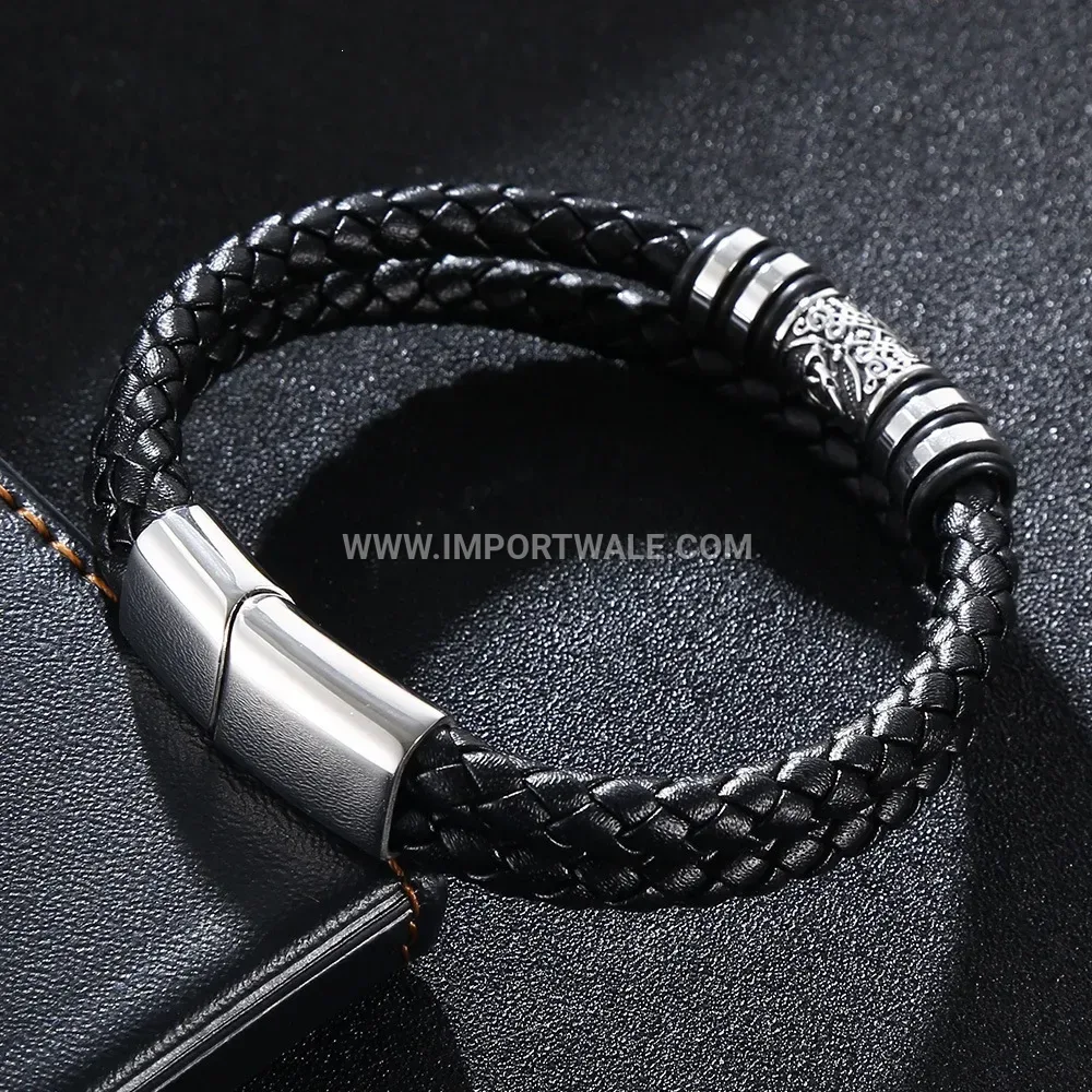 Engraved Stainless Steel Motif Braided Leather Wristband