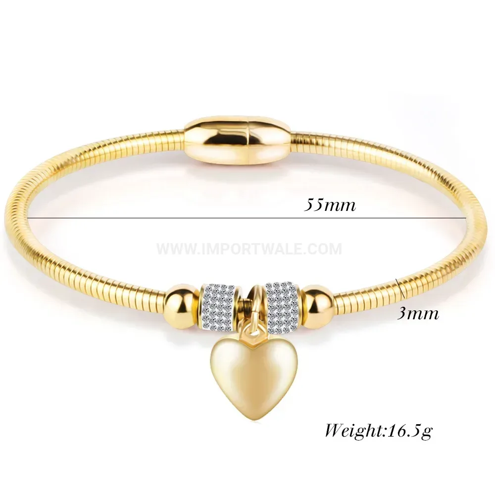 Polished Heart Stainless Steel Bangle with Crystal Accent and Magnetic Clasp