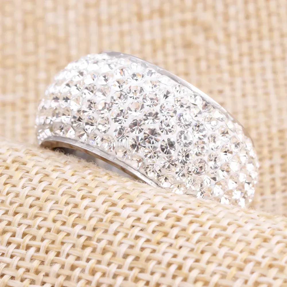 Wide Band Crystal Inlaid Stainless Steel Ring