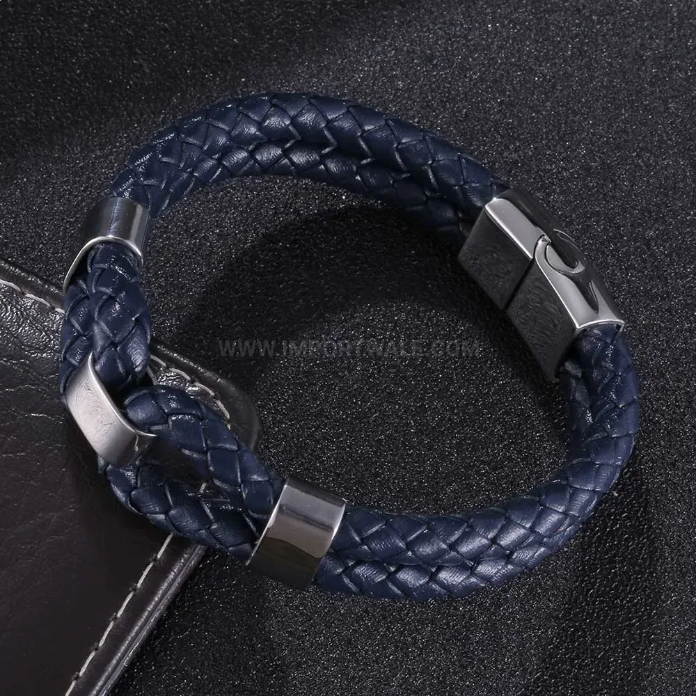 Double Strand Braided Leather Stainless Steel Men's Bracelet