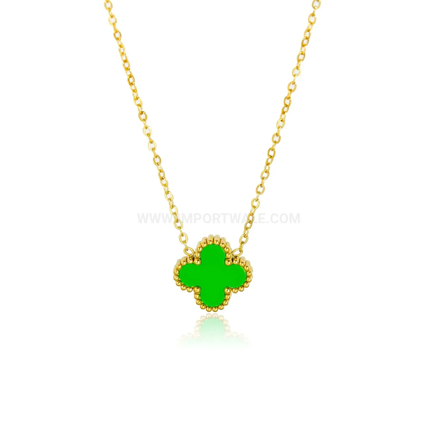 Modern Gold Tone Four Leaf Clover Pendant Necklace with Green Mother of Pearl
