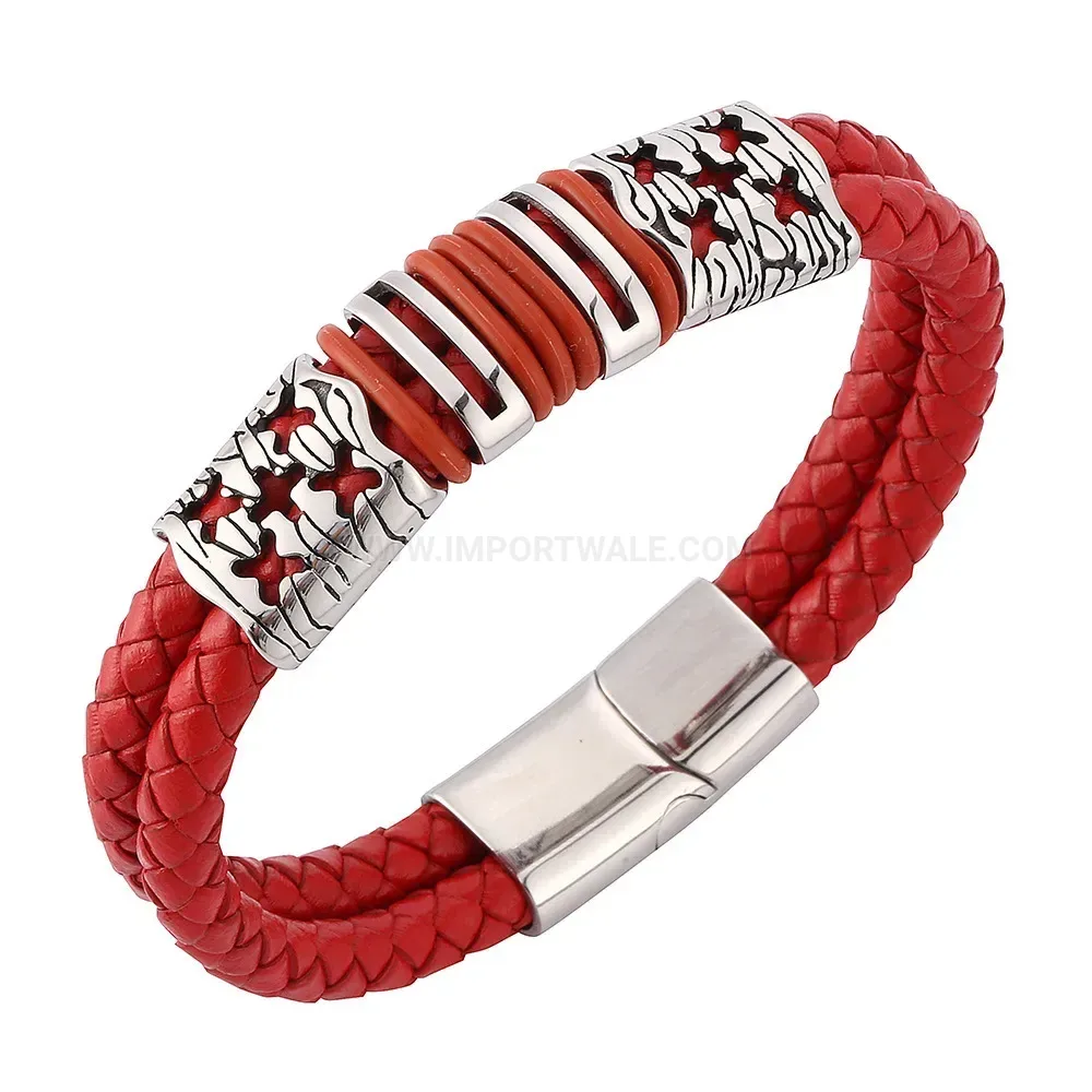 Dual Cord Leather Wristband with Stainless Steel Star Clasp