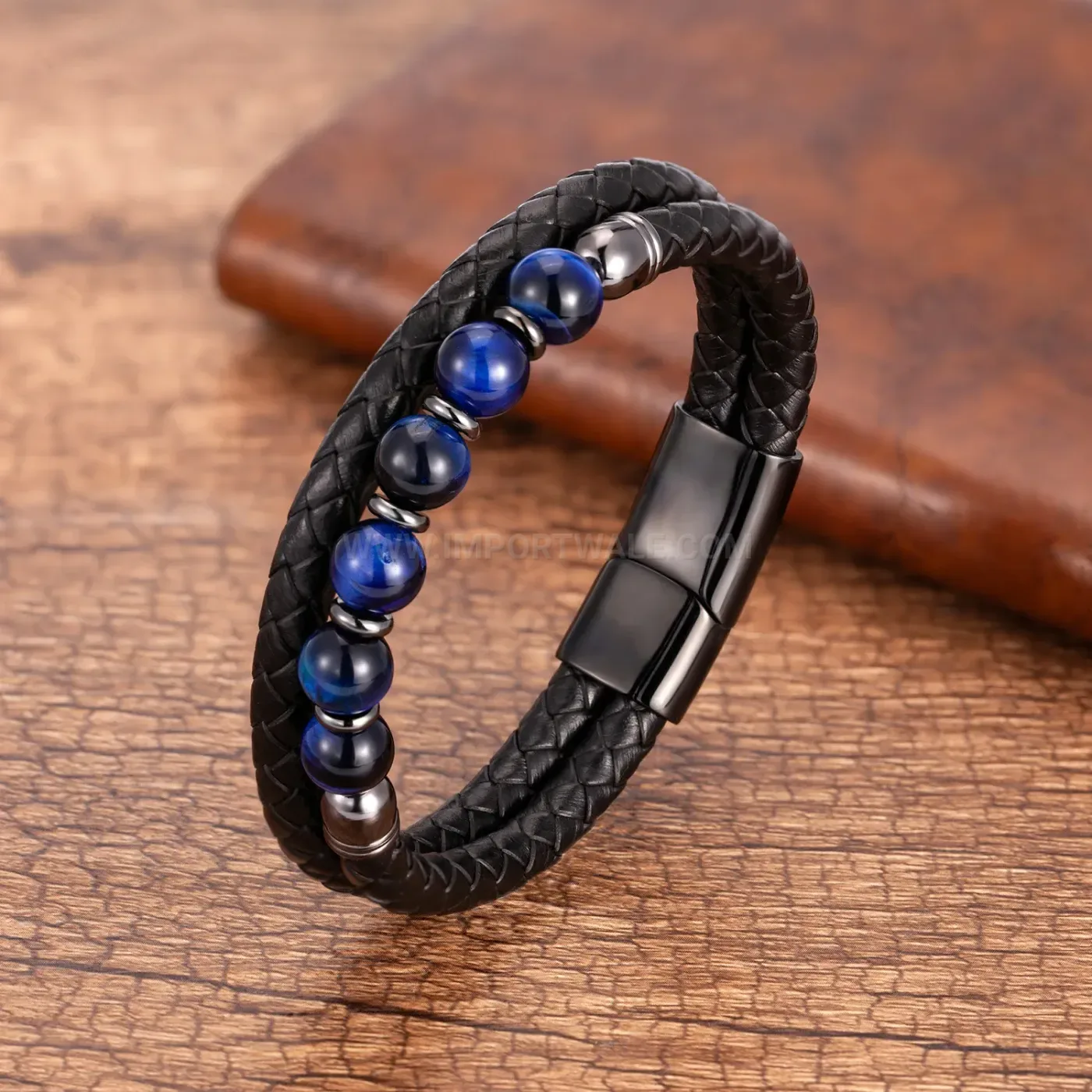 Tiger Eye Natural Stone Bead Leather Cord Bracelet Magnetic Stainless Clasp