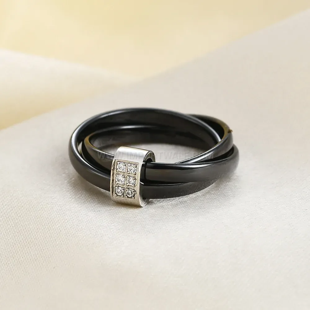 Modern Double Row Zirconia Inlaid Ceramic Interlocking Stainless Steel Band Ring