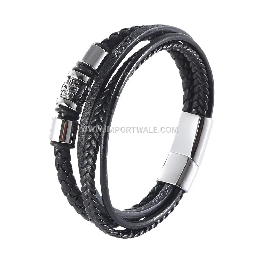 Multi-Layer Braided Black Leather Wristband with Steel Magnetic Clasp