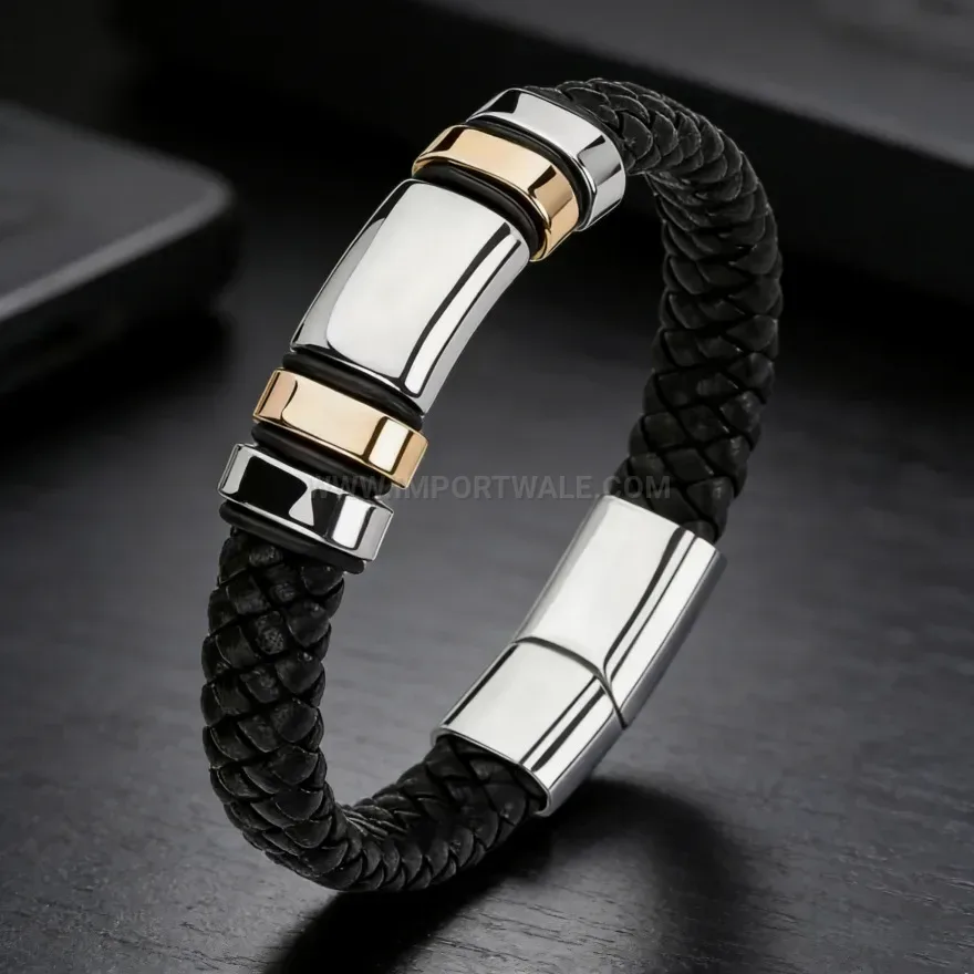 Fashion Braided Leather Business Bracelet With Alloy Magnetic Clasp