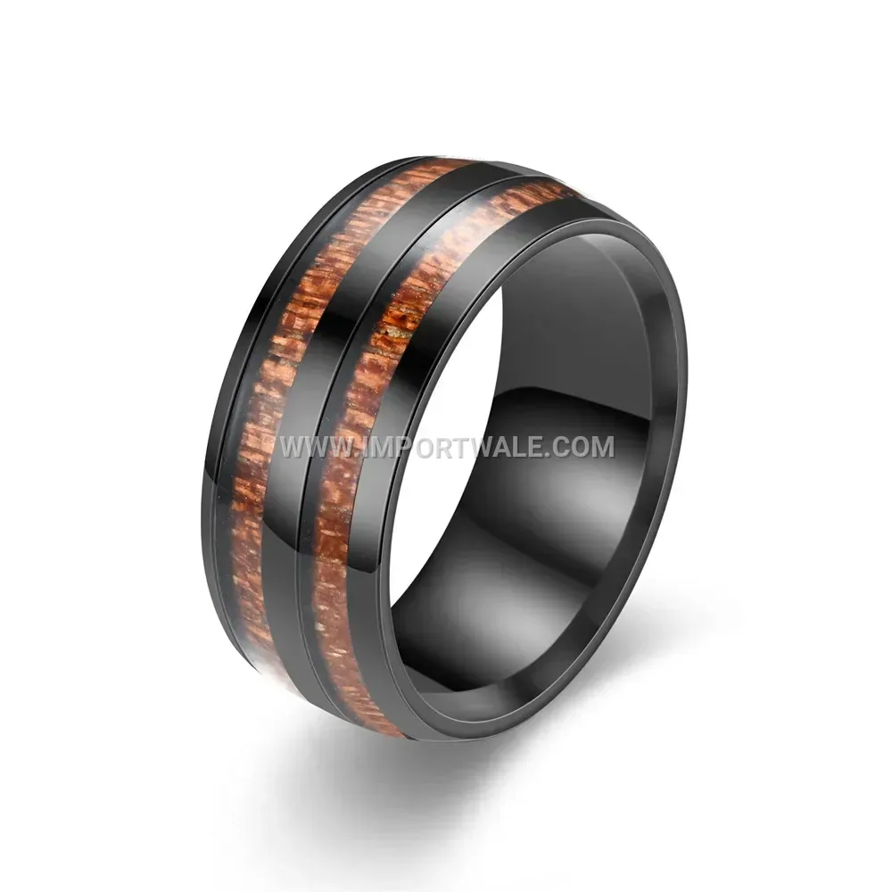 Enamel Inlaid Double Row Wood Grain Stainless Steel Ring