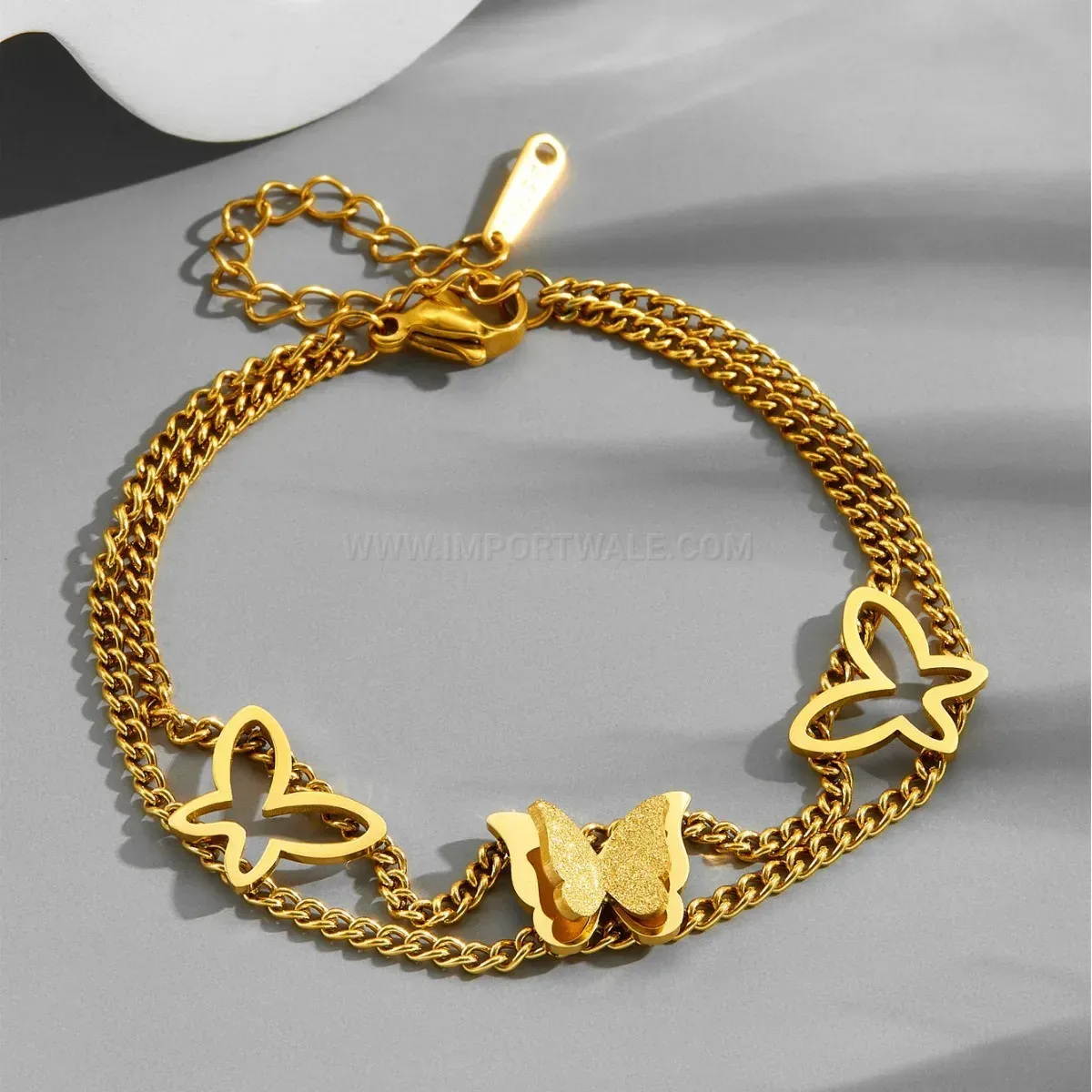 Gold Plated Layered Hollow Butterfly Charm Stainless Steel Bracelet