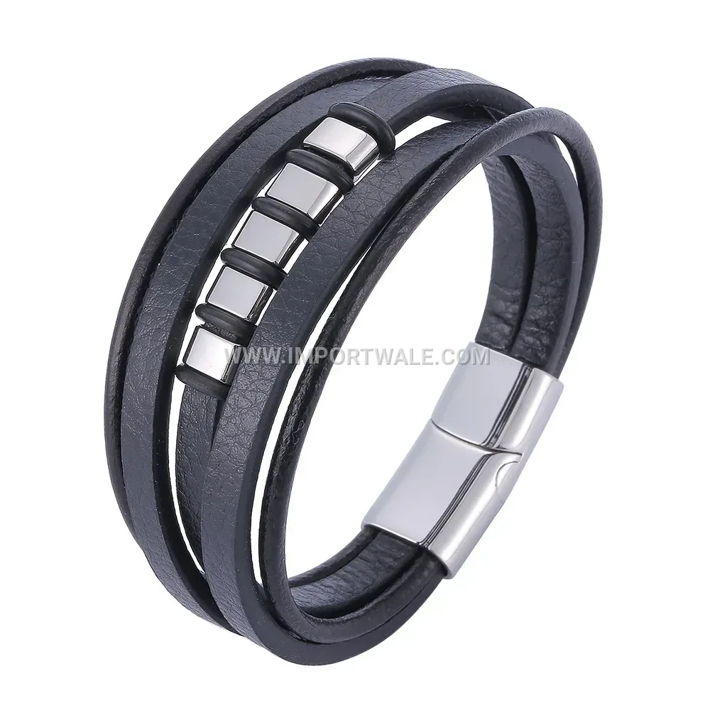 Multi Strand Braided Leather Stainless Steel Men Wristband