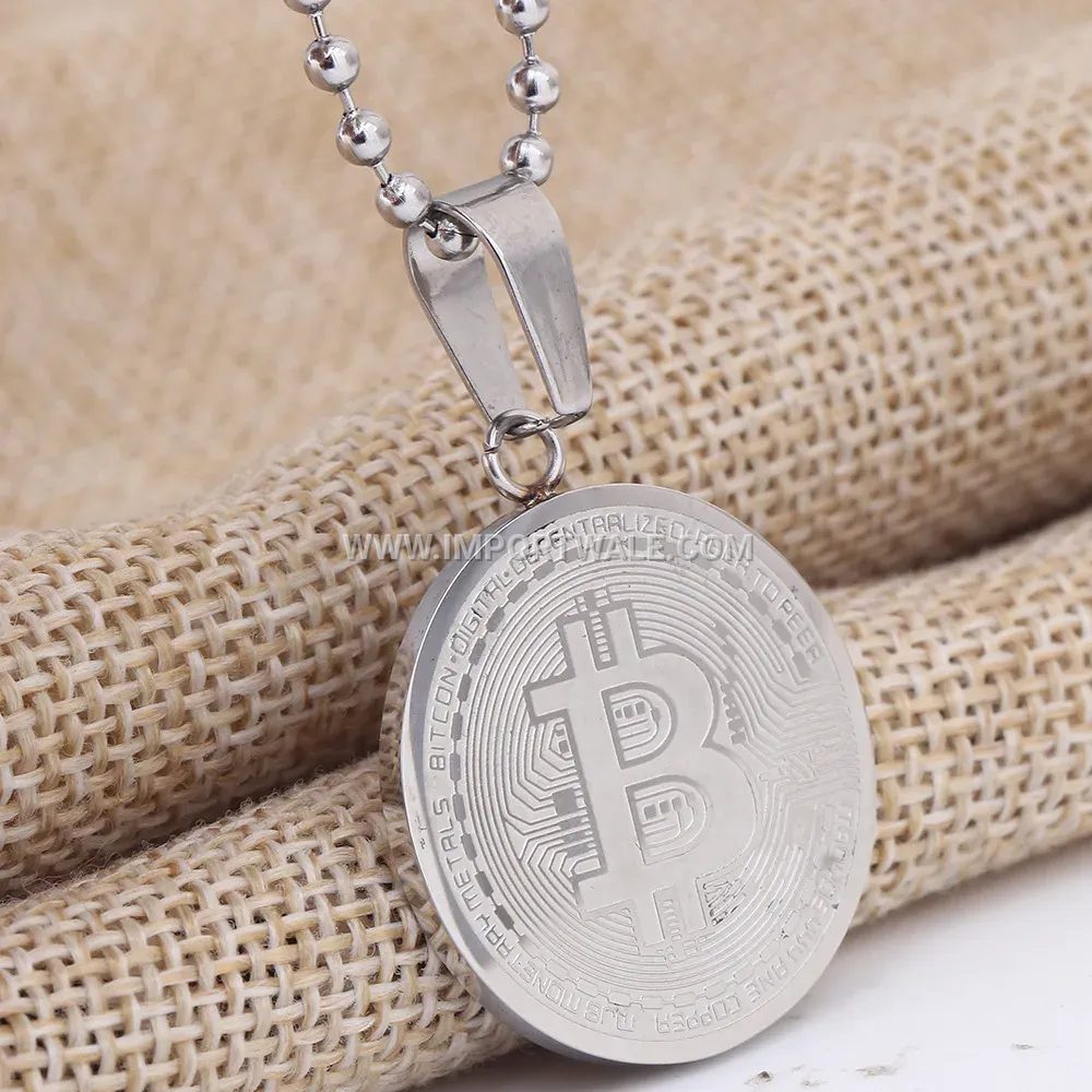 Stainless Steel Bitcoin Coin Medallion Pendant Necklace for Men
