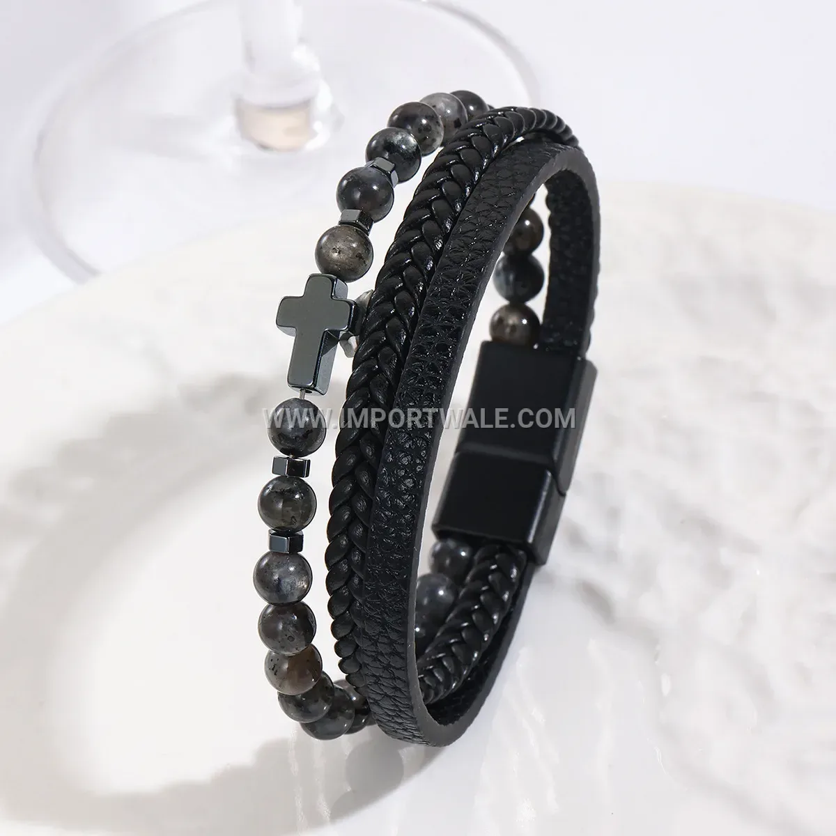 Men's Woven Leather Beads Cross Charm Magnetic Clasp Wristband