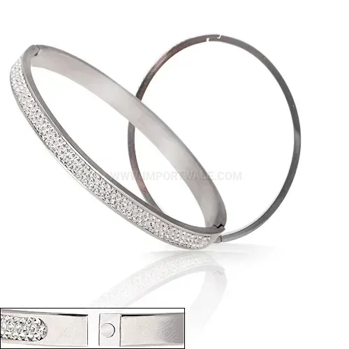 Designer Three-Row Czech Crystal Stainless Steel Bangle