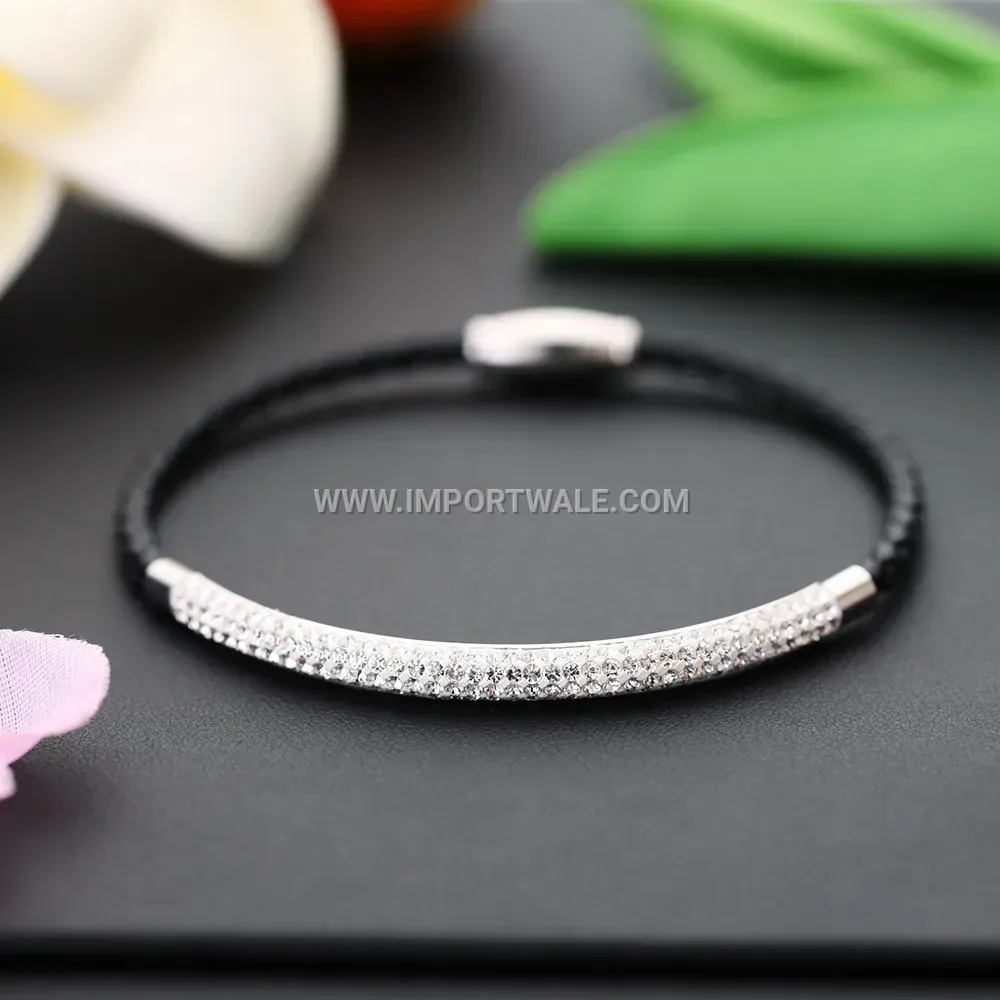 Braided Leather Double Row Crystal Magnetic Bracelet