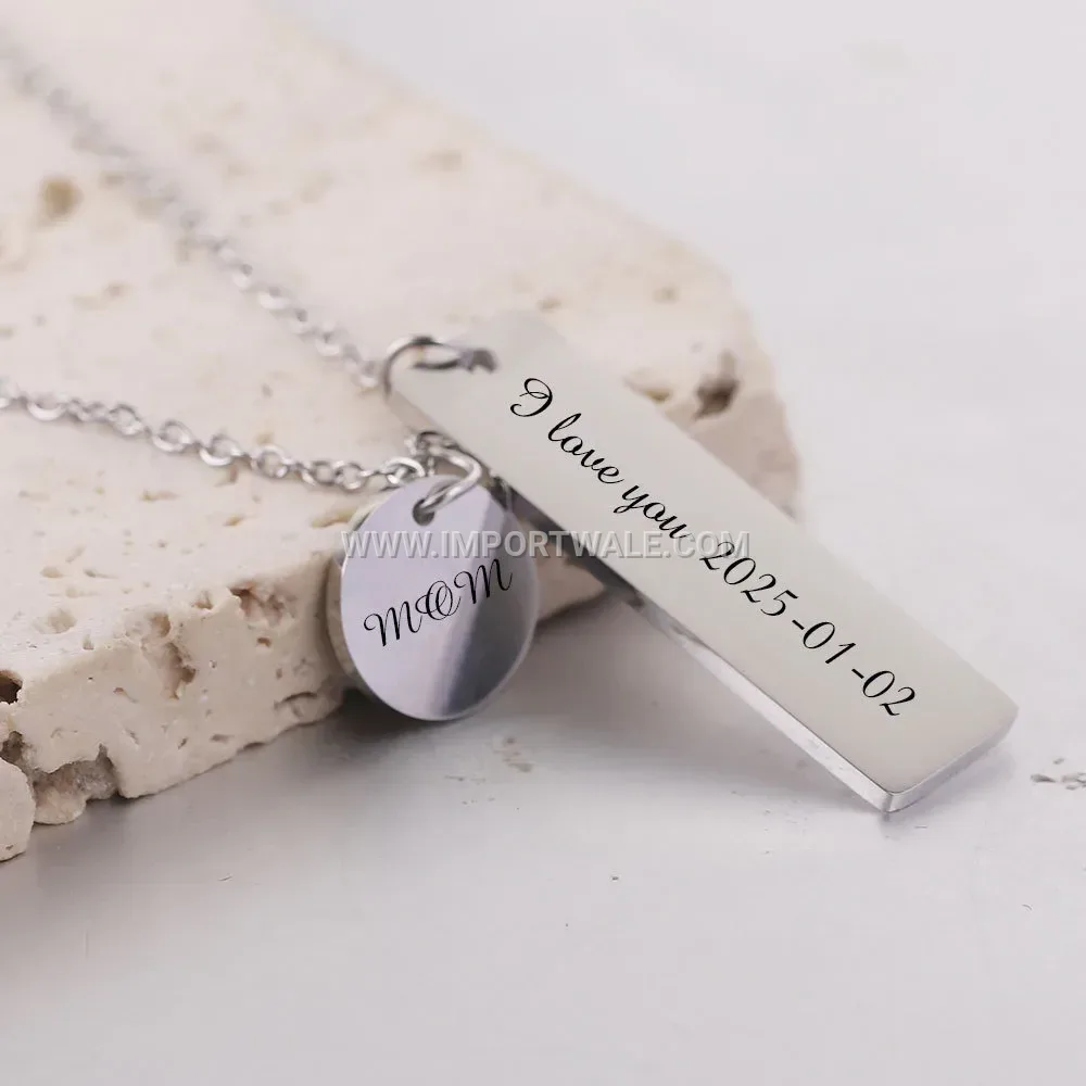 Engraved Geometric Heart Disc Stainless Steel Pendant Necklace