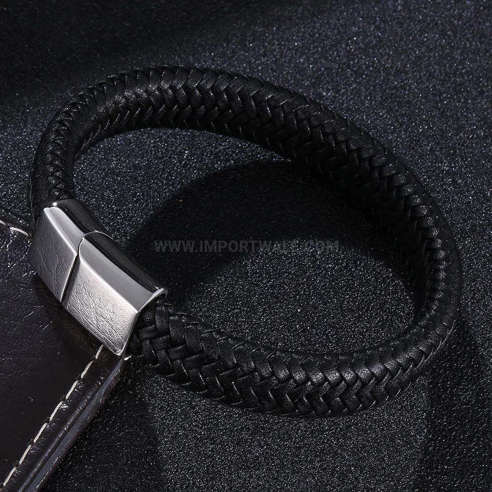 Handcrafted Braided Leather Stainless Steel Magnetic Clasp Bracelet