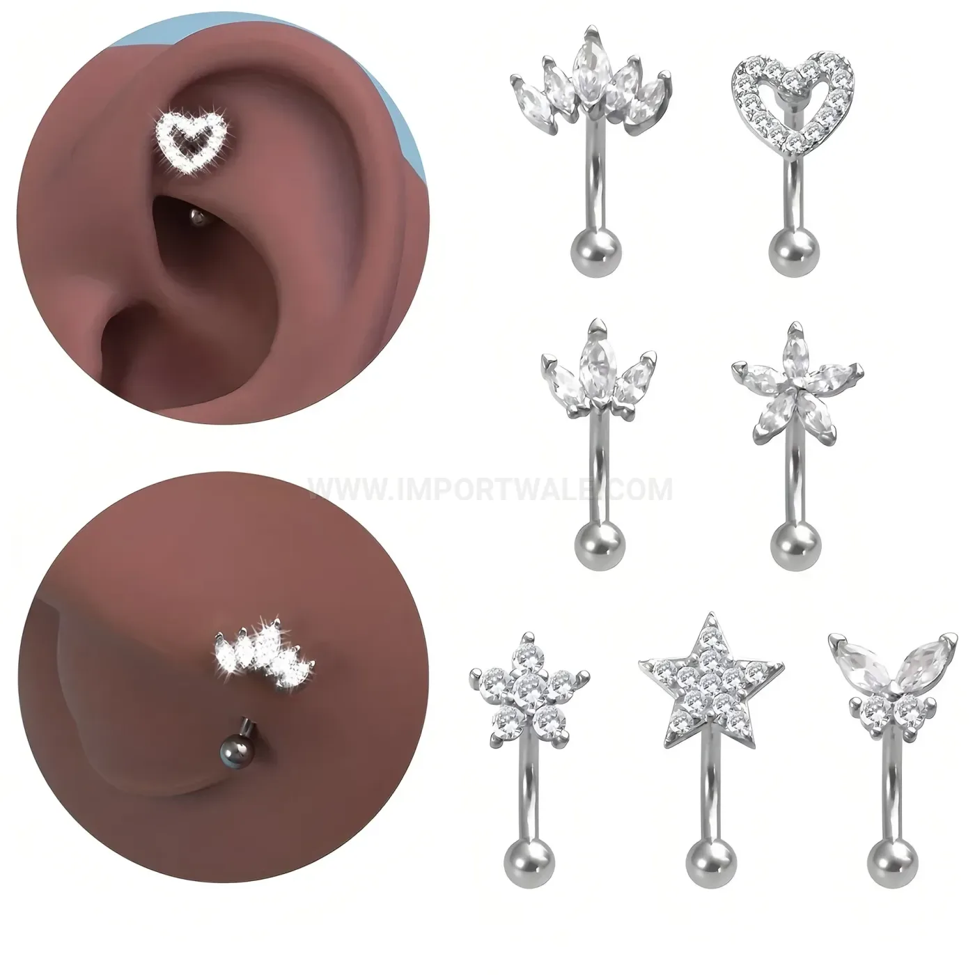 Bold Curved Stainless Steel Crystal Eyebrow and Cartilage Stud